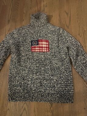 Turtleneck Marled Knit Sweater with Flag Patch - Black/White